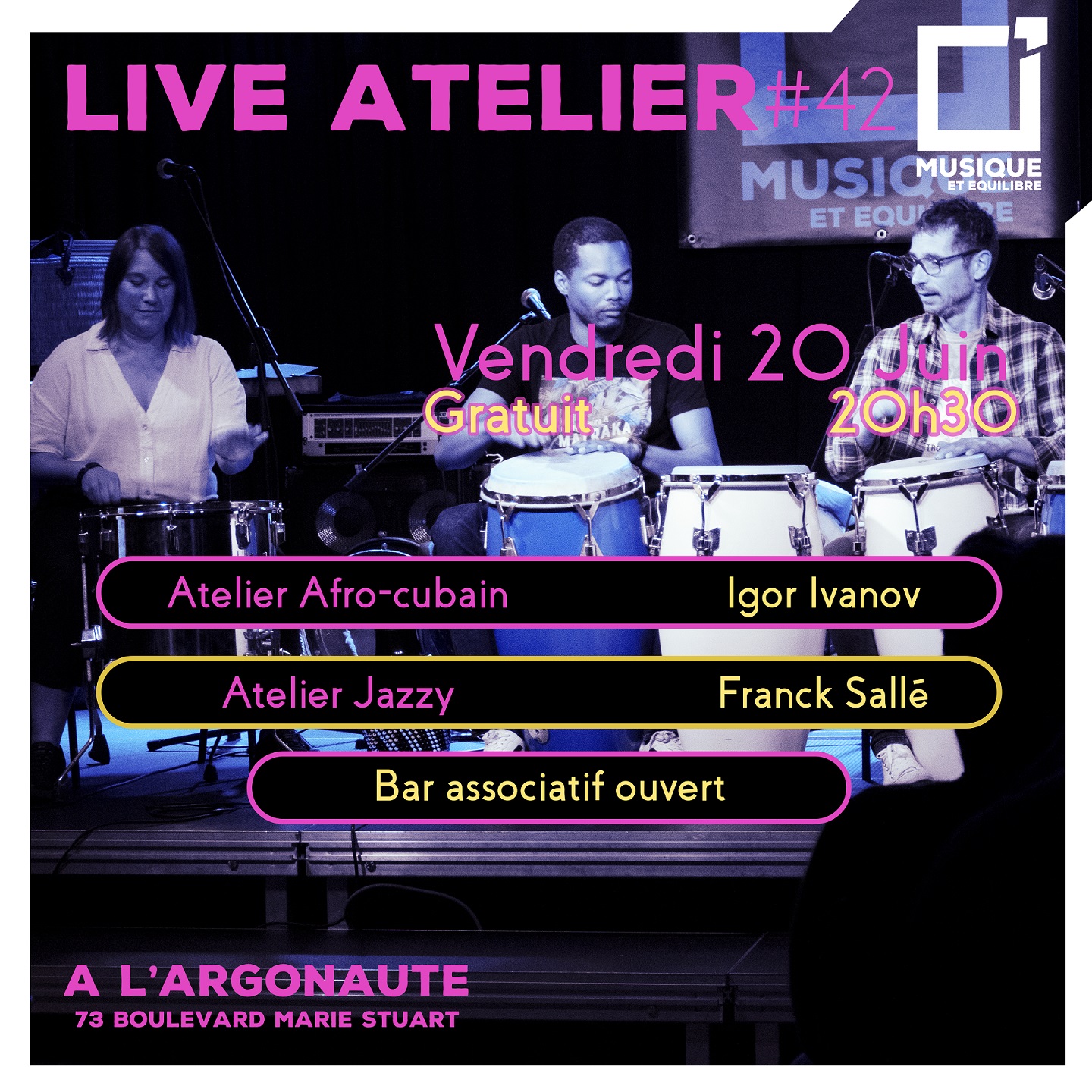 live atelier jazzy percussions afro cubaines orléans salle de concert argonaute loiret école de de musique cours d'instrument musique et équilibre